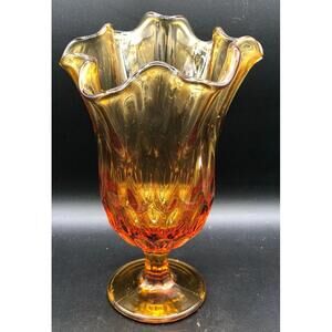 601 - Vintage Fenton Amber Thumbprint Colonial Handkerchief Vase – Ruffled Rim